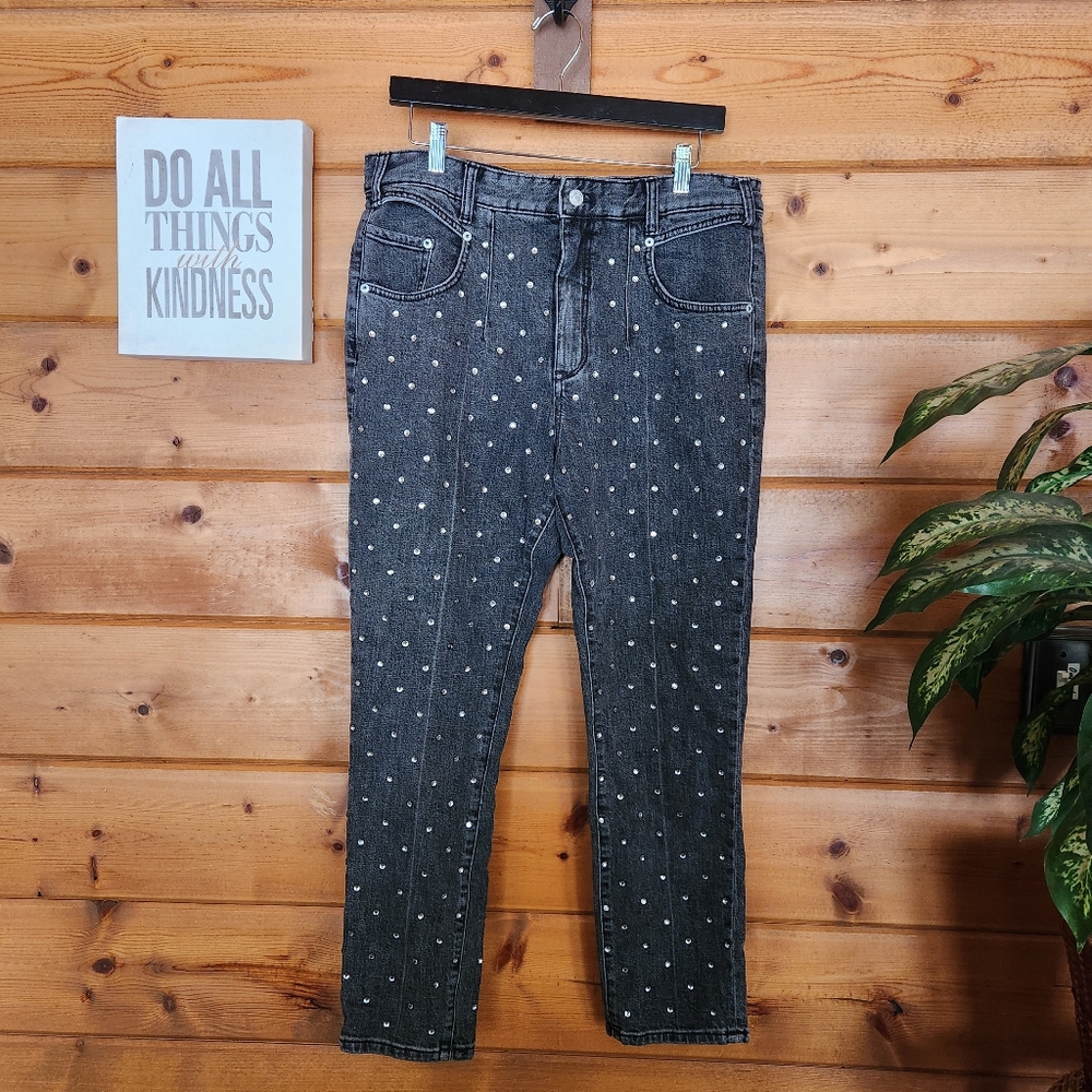 Anthropologie Pilcro Jeans High Rise Slim Rhinestone Gem Black Wash Sz 31 X 28"